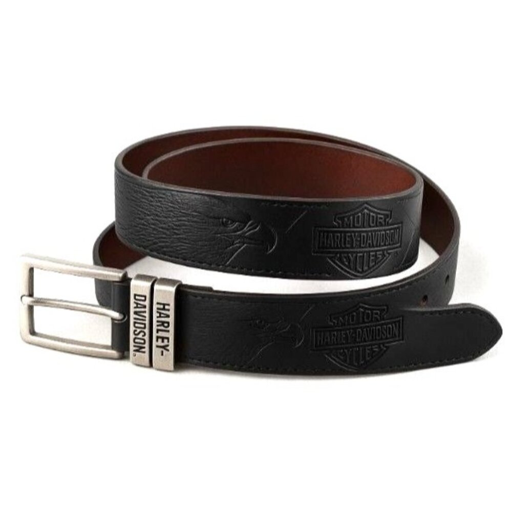 Harley-Davidson Men’s Black Leather Belt Embossed Eagle Bar & Shield Biker 42
